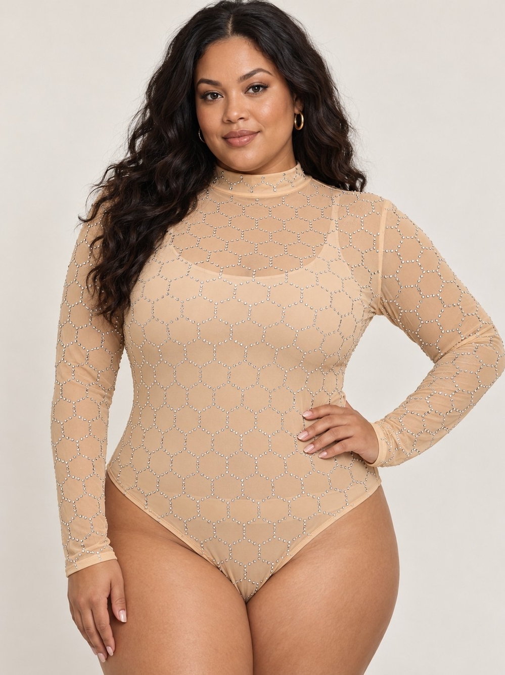 Sheer Nude Long-Sleeve Rhinestone Bodysuit